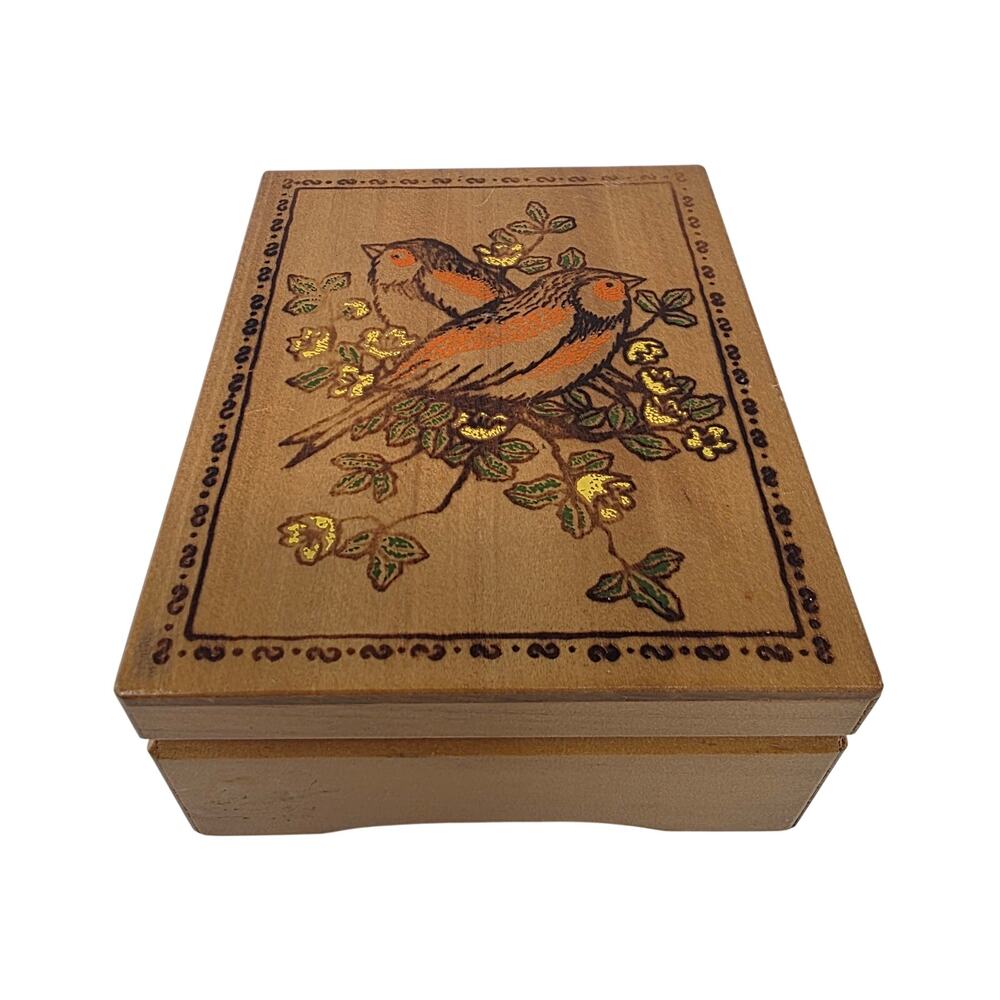Vintage Sankyo Music Box Love Story Theme Wooden Jewelry Trinket Box Birds